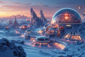 A futuristic city on a distant planet, illuminated by glowing structures under a serene alien sky. photo