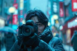 A man holding a camera in the middle of a city street photo