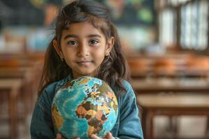 A young girl holding a globe in her hands photo
