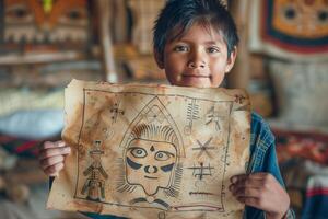 A boy holding up a piece of paper with a drawing on it photo