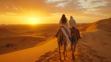 Two people riding on camels in the desert photo