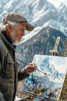 An older man is painting in front of a mountain range photo