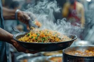 A person is holding a pan with food in it photo