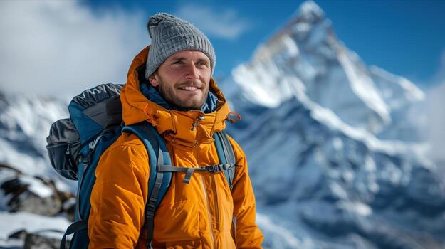 A man in an orange jacket and hat is smiling photo