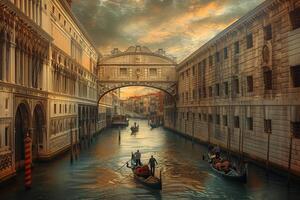Gondolas are going through a canal in venice photo