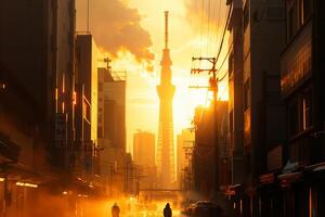 A city street with tall buildings and a tall tower in the background photo