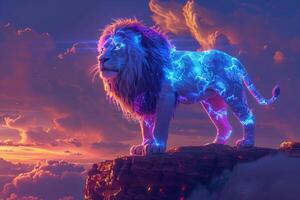 A lion with glowing blue and purple hair stands on top of a cliff photo
