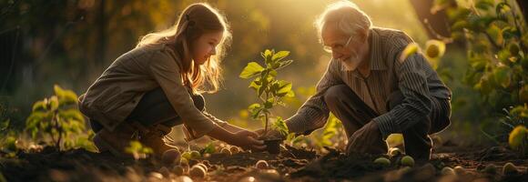 An older man and young girl are planting a tree photo