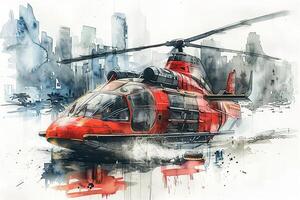 A watercolor painting of a red helicopter photo