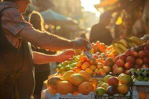 A man is standing in front of a fruit stand photo