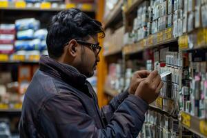A man in a store looking at a shelf of items photo