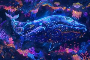 A whale in the ocean with neon lights photo