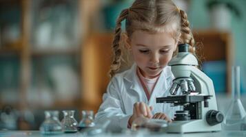 A little girl in a lab coat looking at a microscope photo