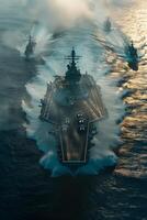 An aircraft carrier in the ocean with several ships photo