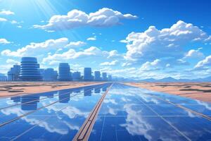A futuristic cityscape featuring solar panels, majestic clouds, and a clear reflective landscape under a bright sky. photo