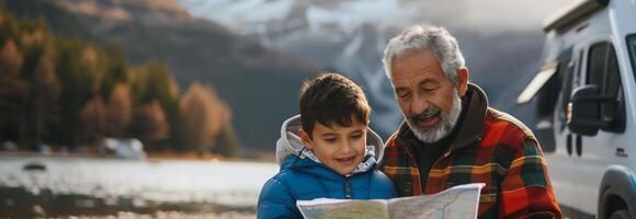 A man and boy looking at a map in front of a camper van photo