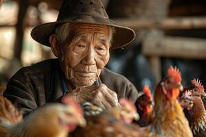 An old man with a hat and chickens photo
