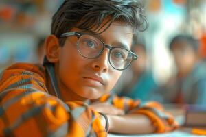 A young boy wearing glasses sits at a desk photo