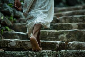 A man walking up some stairs photo