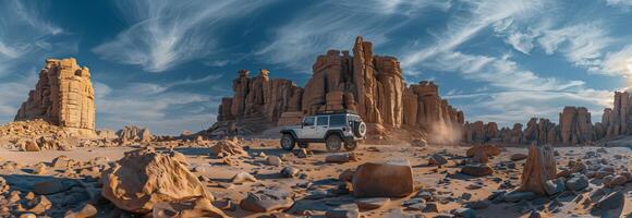 A jeep driving through the desert with rocks and clouds photo