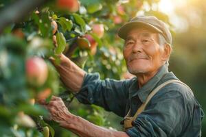 An elderly man picking apples from a tree photo