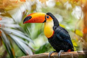 A colorful toucan is perched on a branch photo