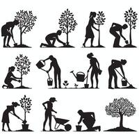 silhouettes of people working in the garden design on a white background vector