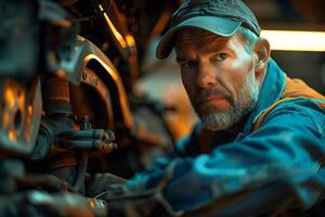 A man in an orange vest and hat working on a car photo