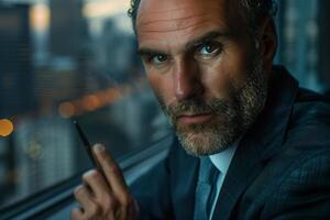 A man in a suit and tie looking out the window photo