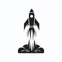 A black and white illustration of a rocket launching design on a white background vector