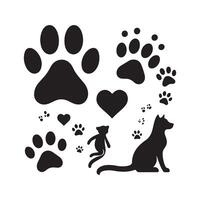 A black and white image of paw prints and hearts design on a white background vector