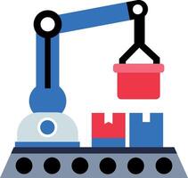 Packaging robot sorting boxes on conveyor belt, flat style icon vector