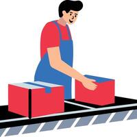 Packaging worker wrapping boxes on conveyor belt, flat style icon vector