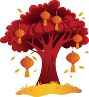 Lucky tree decorated with paper lanterns, flat style illustration vector