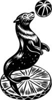 Seal balancing ball on nose, vintage illustration vector