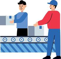A flat style sticker of workers working on a packing station vector