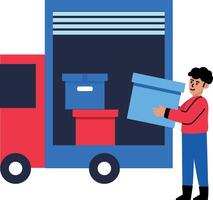 A flat style icon of a character loading a shipment truck with parcels vector