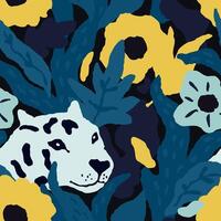Seamless Tropical Jungle Pattern with Leopard and Bold Floral Elements in Blue and Yellow vector