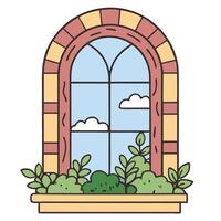Arched window with potted green plants and cloudy sky view illustration vector