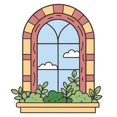 Arched window with potted green plants and cloudy sky view illustration
