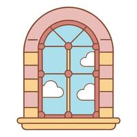 Vintage arched window with glass panes and cloudy sky view illustration vector