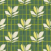 Nature-inspired leaf pattern with geometric grid on green background for seamless textile design vector