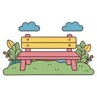 Colorful park bench with lush greenery and cloudy sky in nature setting vector