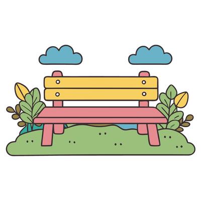Colorful park bench with lush greenery and cloudy sky in nature setting