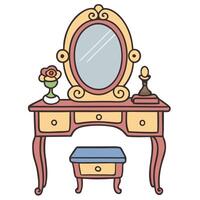 vintage vanity table with mirror, elegant stool, and decorative items in pastel colors vector