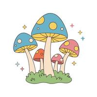 Colorful mushrooms cluster with sparkling stars on grass background vector