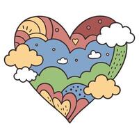Colorful heart with clouds and nature elements in whimsical vector