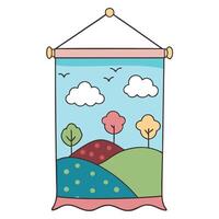 Whimsical landscape tapestry with colorful trees and clouds in vector