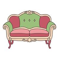 Vintage pastel sofa illustration with ornate detailing and elegant curved design vector