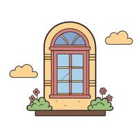 Illustration of an arched window with flowers and clouds on a sunny day vector